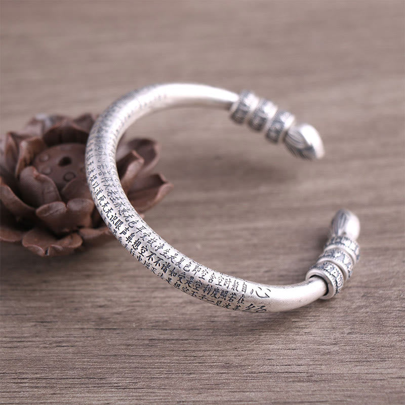 Buddha Stones 999 Sterling Silver Heart Sutra Om Mani Padme Hum Engraved Peace Purity Bracelet Bangle - 999 Sterling Silver - image 0