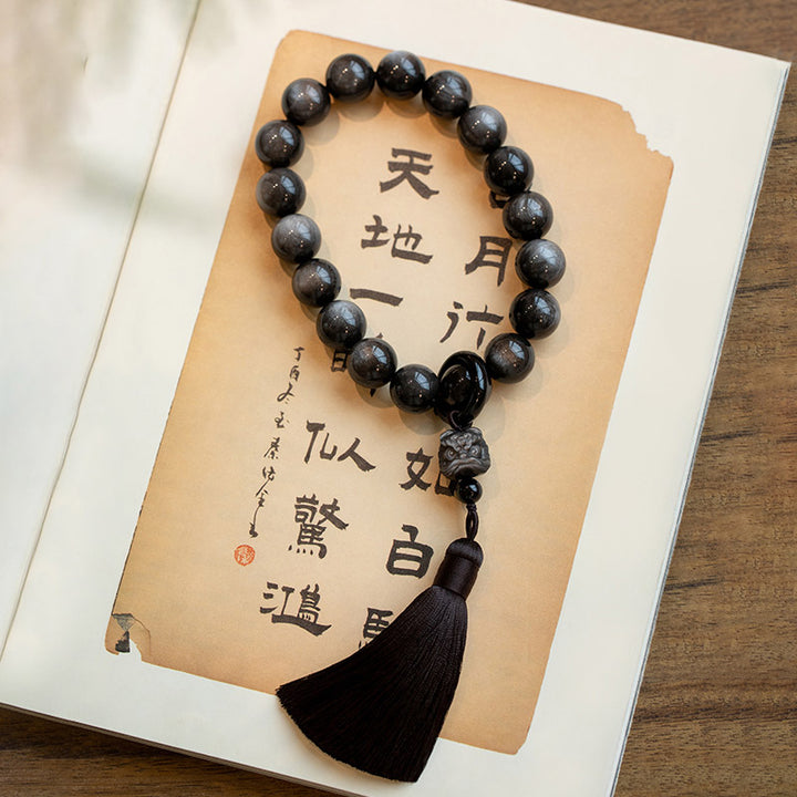Buddha Stones Natural Silver Sheen Obsidian Black Obsidian Lion Wrist Mala Protection Tassels Pocket Mala Car Decoration - image 8