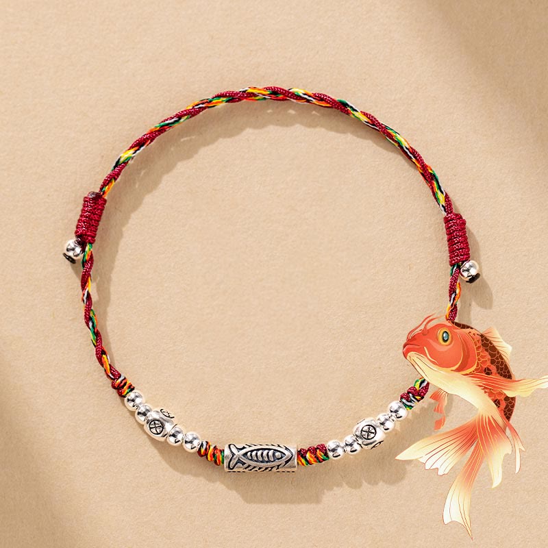 Buddha Stones 925 Sterling Silver Luck Koi Fish Braided Colorful String Bracelet Anklet - Bracelet(Wrist Circumference 15-20cm) - image 0