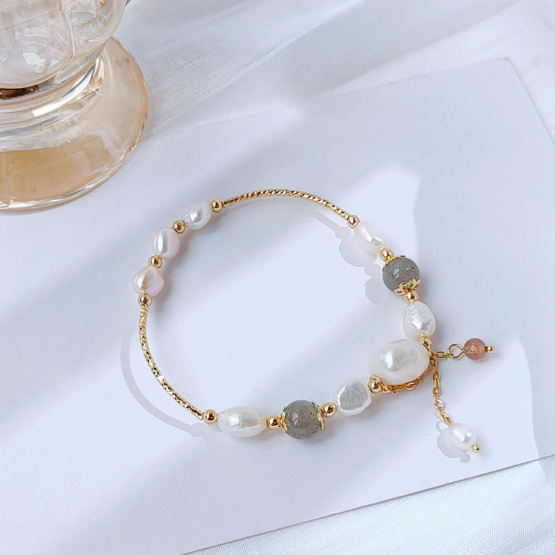 Buddha Stones Pearl Moonstone Strawberry Quartz Bead Optimism Bracelet - image 1
