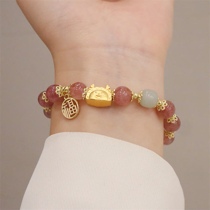 Buddha Stones Year Of The Dragon Red Agate Strawberry Quartz Black Obsidian Jade Garnet Pearl Cinnabar Dumpling Dragon Luck Fu Character Bracelet - image 12