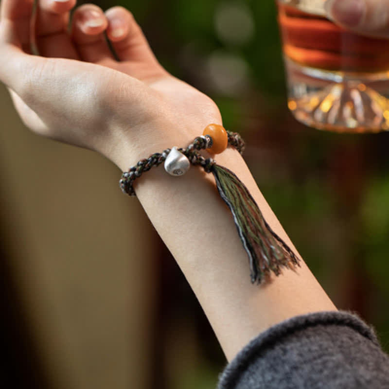 Buddha Stones 990 Sterling Silver Tibetan Handmade Amber Steelyard Weight Wish Protection Bracelet - image 4