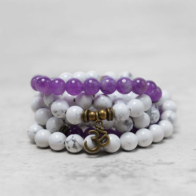 Buddha Stones 108 Mala Beads Amethyst White Turquoise OM Healing Meditation Energy Bracelet - image 3
