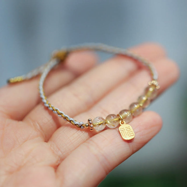 Buddha Stones 925 Sterling Silver Natural Jade Gourd Rutilated Quartz Fu Character Luck Braid Bracelet - Golden Rutilated Quartz(Auspiciousness♥Courage) - image 6