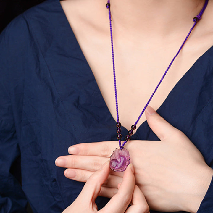 Buddha Stones Natural Amethyst White Crystal Citrine Nine Tailed Fox Luck Necklace Pendant - image 11