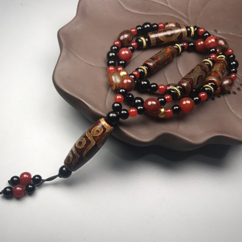 Buddha Stones Nine-Eye Dzi Bead Red Agate Wealth Health Necklace - image 2