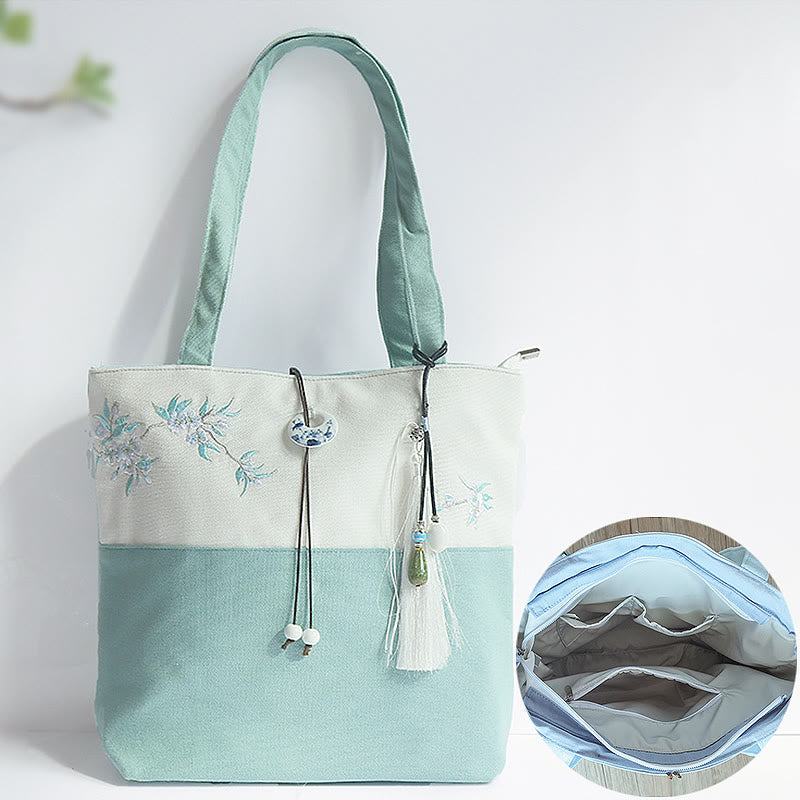 Buddha Stones Pear Flower Plum Peach Blossom Bamboo Embroidery Canvas Large Capacity Shoulder Bag Tote Bag - image 2