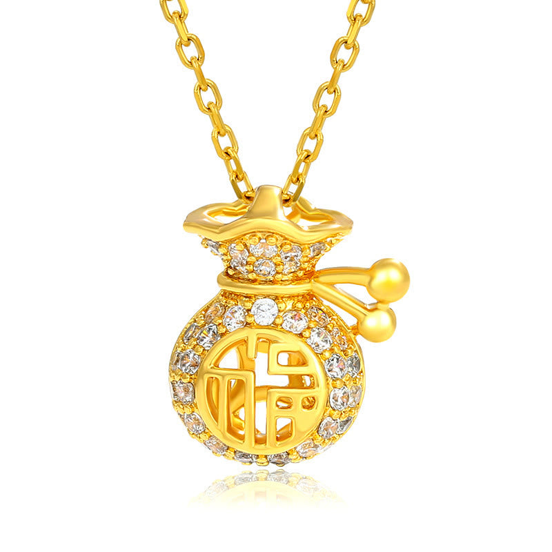 24K Gold Plated Fu Character Fortune Money Bag Necklace Pendant - Fortune Money Bag - image 0
