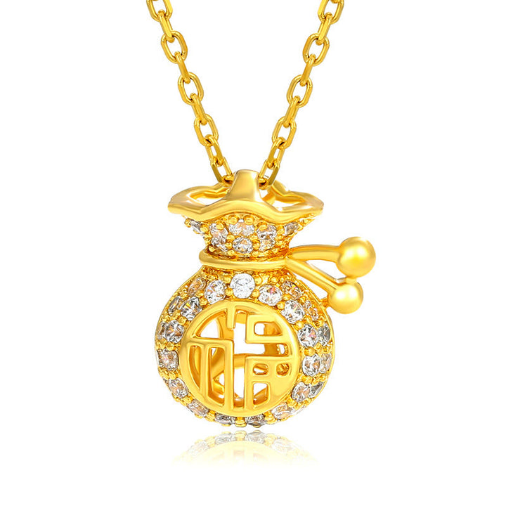 24K Gold Plated Fu Character Fortune Money Bag Necklace Pendant - Fortune Money Bag - image 0