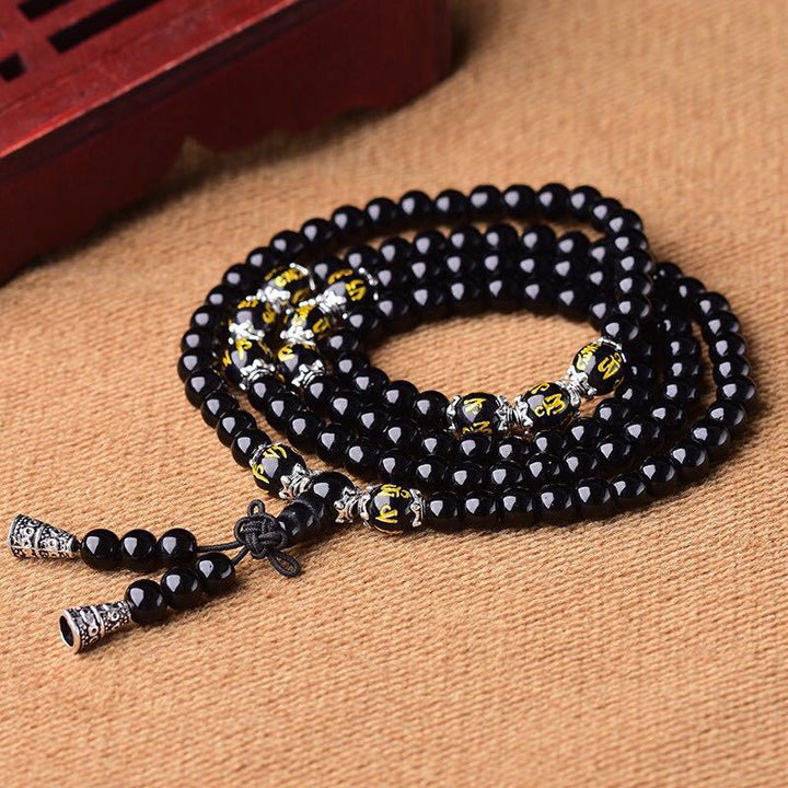 Buddha Stones Black Obsidian Six True Words Protection Mala Bracelet - image 6