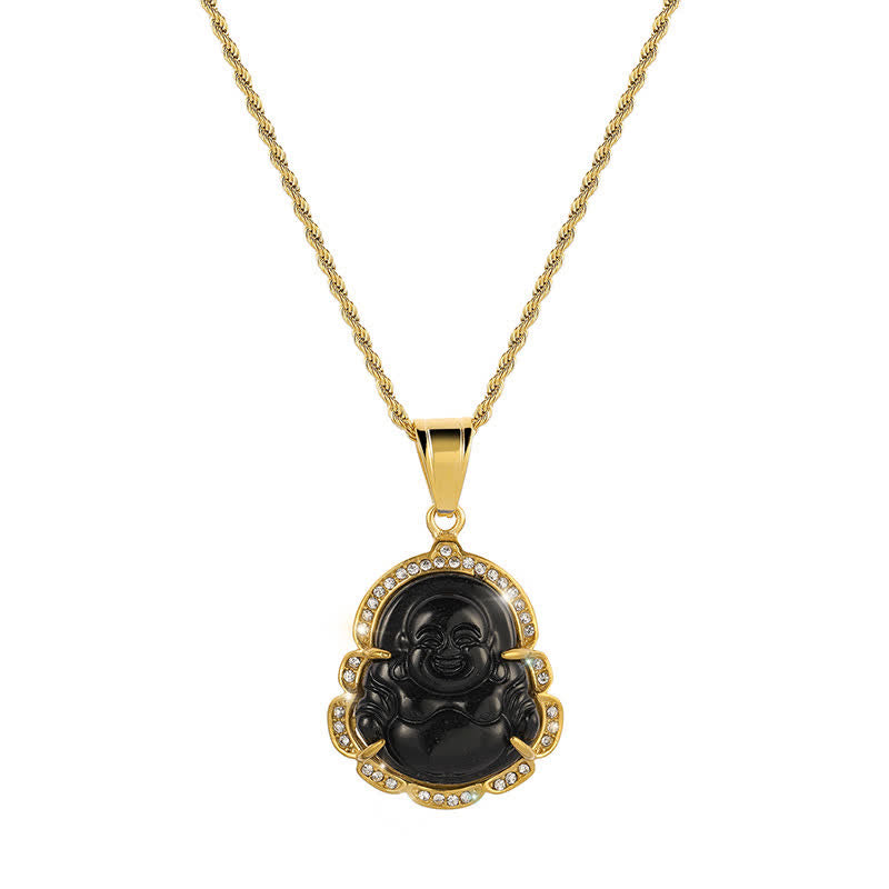 Buddha Stones 18K Gold Filled Laughing Buddha Jade Luck Necklace Chain Pendant - Black - image 9