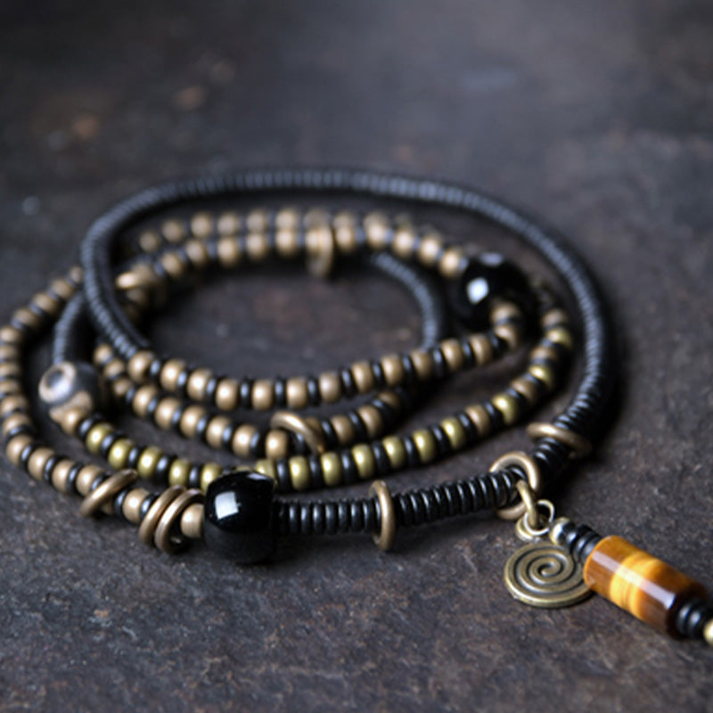 Buddha Stones Ebony Wood Dzi Bead Copper Peace Couple Bracelet Necklace Pendant - 18cm - image 0