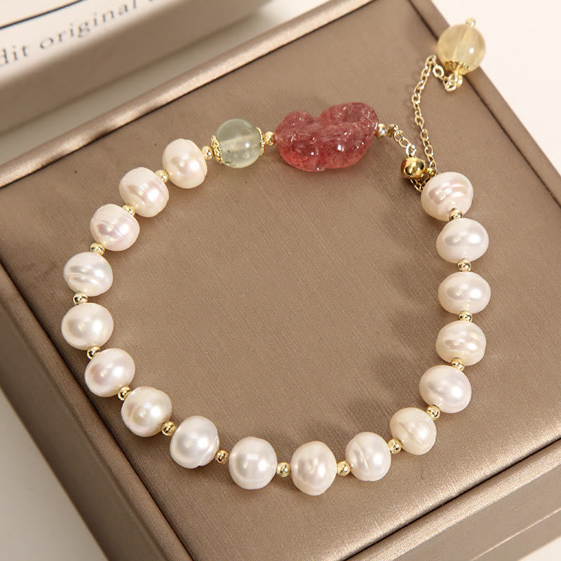Buddha Stones Natural Pearl Strawberry Quartz PiXiu Optimism Charm Bracelet - image 1