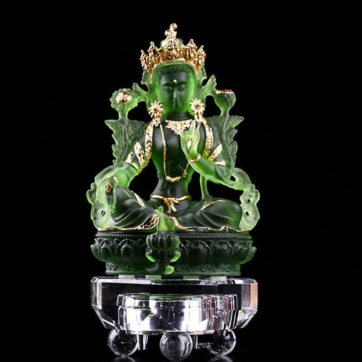 Buddha Stones Bodhisattva Green Tara Handmade Liuli Crystal Art Piece Protection Home Office Statue Decoration - 8*6*12.8cm - Gold Green Tara&Base - image 13