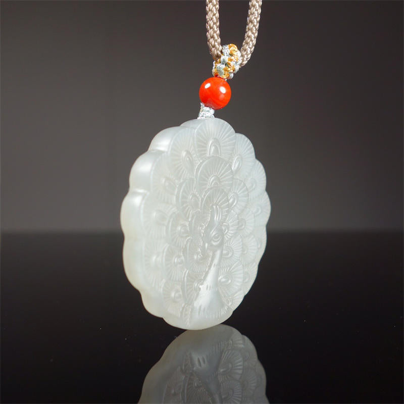White Jade Peacock Protection Blessing Necklace Pendant - image 4