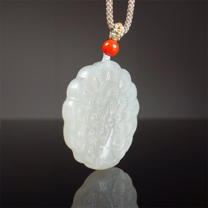 White Jade Peacock Protection Blessing Necklace Pendant - image 4