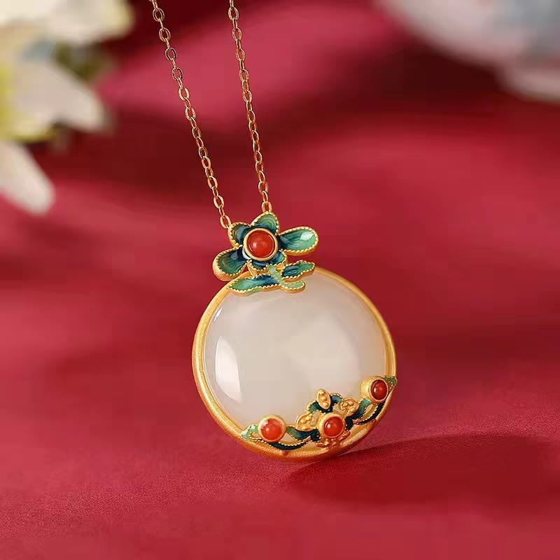 White Jade Red Agate Flower Blessing Luck Necklace Pendant - image 2