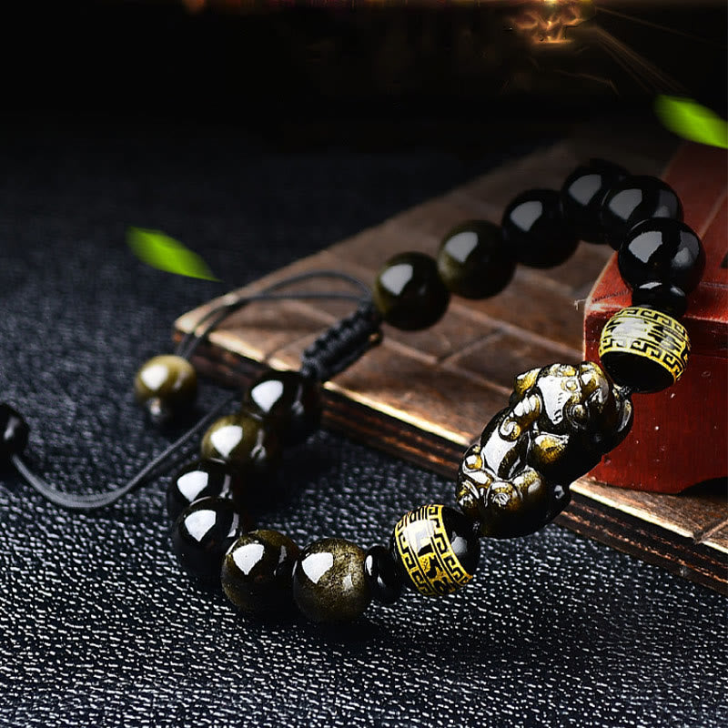 Buddha Stones Natural Gold Sheen Obsidian PiXiu Om Mani Padme Hum Wealth Braided Bracelet - image 8
