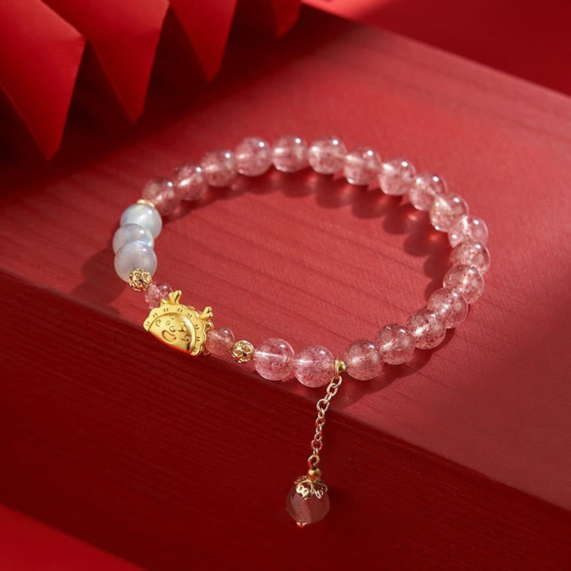 Buddha Stones Year of the Dragon Dumpling Natural Red Agate Garnet Hetian Jade Fu Character Luck Success Bracelet - Strawberry Quartz Moonstone(Wrist Circumference 14-16cm) - image 13