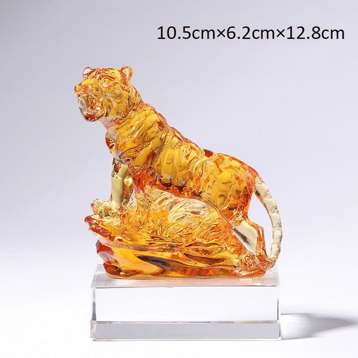 Buddha Stones Handmade Liuli Crystal Tiger Art Piece Protection Home Decoration - Gold&Base - image 14
