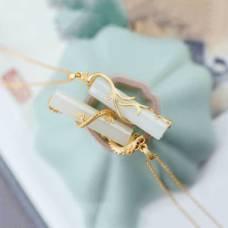 Buddha Stones Jade Dragon Phoenix Copper Protection Necklace Pendant - image 12