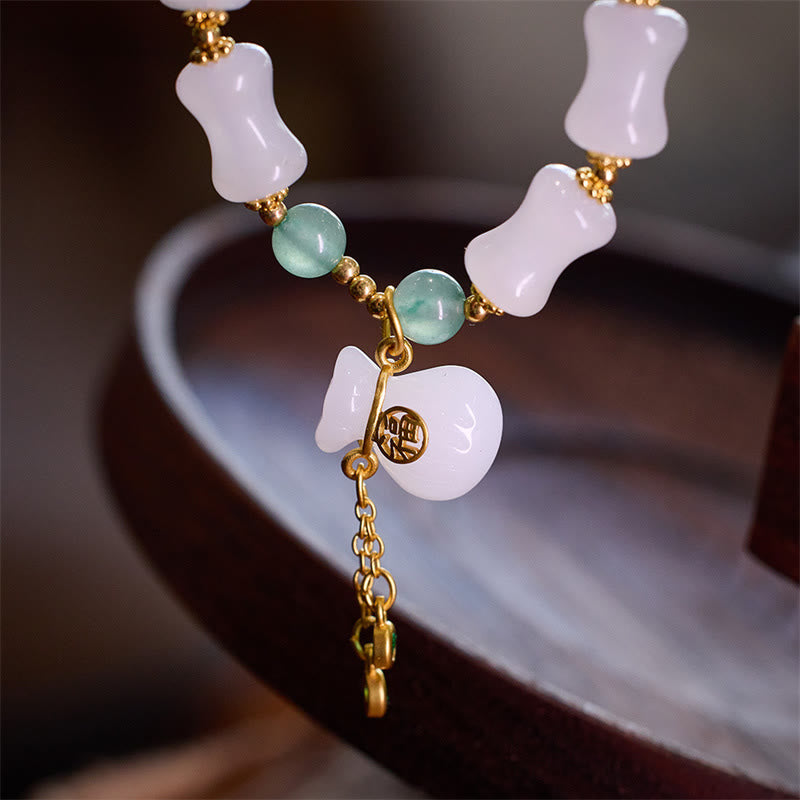 Buddha Stones Natural White Golden Silk Jade Bamboo Pattern Wealth Lucky Bag Fu Character Bracelet - image 1