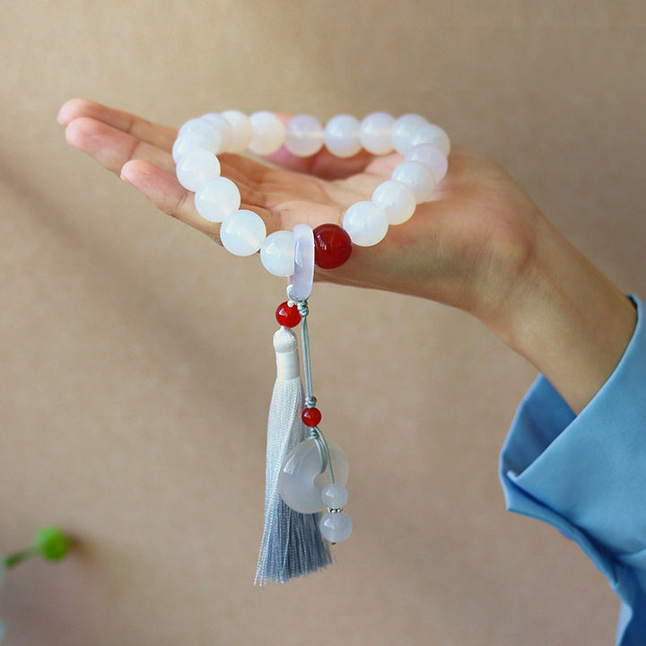 Buddha Stones White Agate Red Agate Luck Wrist Mala Tassels Pocket Mala Car Decoration - 12mm - image 2