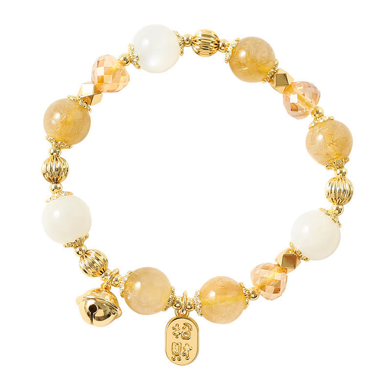 Buddha Stones 14K Gold Plated Golden Rutilated Quartz Wealth Bell Lucky Fortune Charm Bracelet - image 9