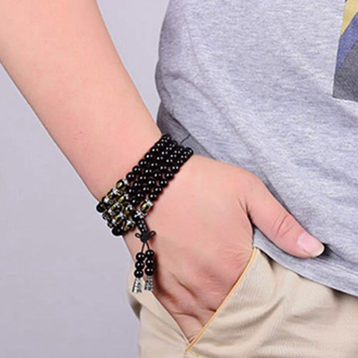 Buddha Stones Black Obsidian Six True Words Protection Mala Bracelet - image 2