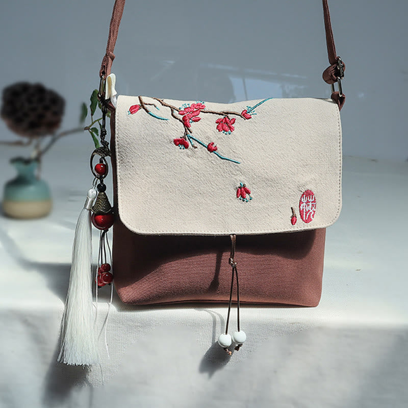 Buddha Stones Handmade Embroidered Plum Flowers Canvas Crossbody Bag Shoulder Bag Handbag - Brown Red Plum 17*19cm - image 9