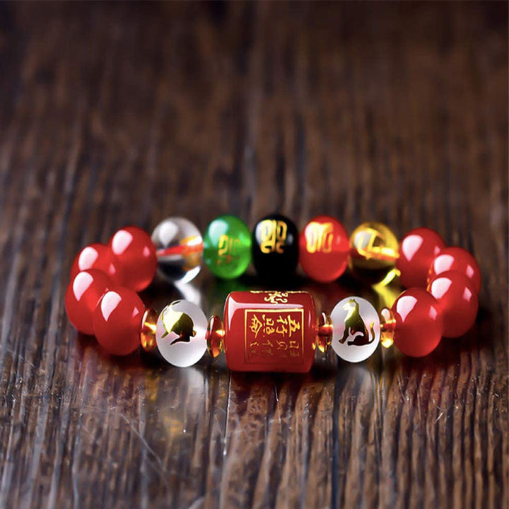 Buddha Stones Chinese Zodiac Feng Shui Obsidian Five-Element Wealth Porsperity Bracelet - Horse & Goat - Red Agate - 0.55 in (14 mm) - image 6