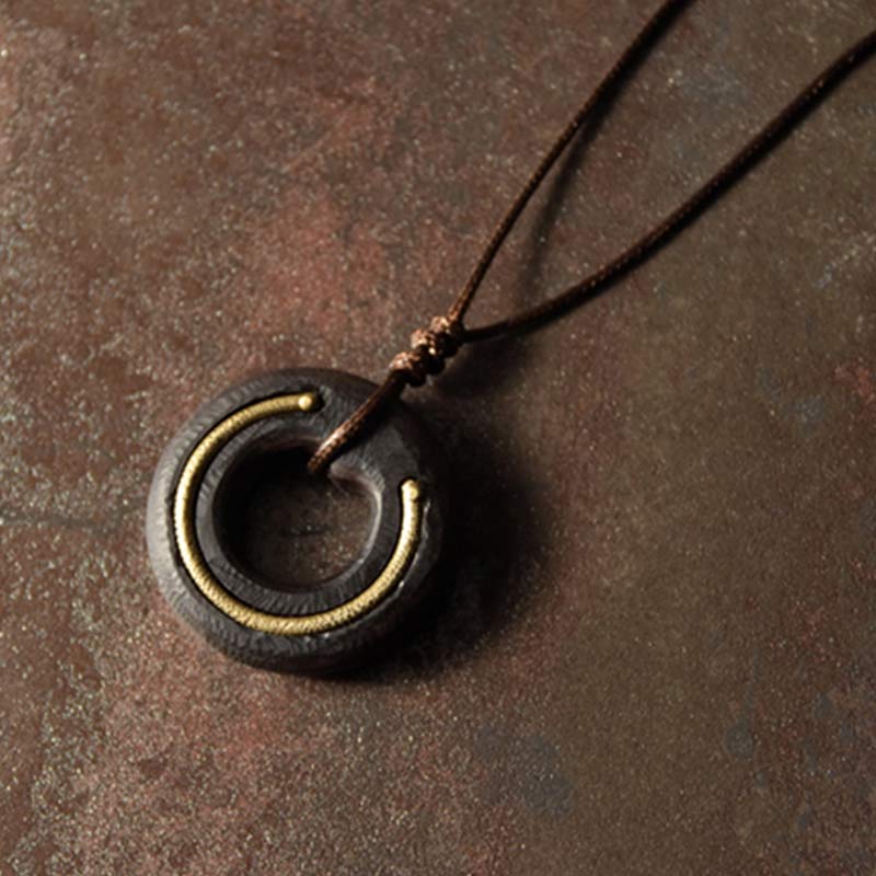 Buddha Stones Zen Circle Ebony Wood Peace Calm Necklace Pendant - image 1