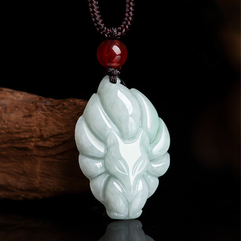 Buddha Stones Natural Jade Nine Tailed Fox Luck Prosperity Necklace Pendant - image 1