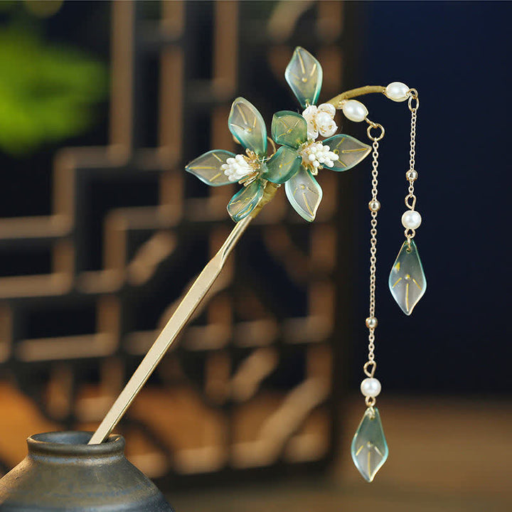 Flower Leaf Pearl Peace Tassel Hairpin - image 5