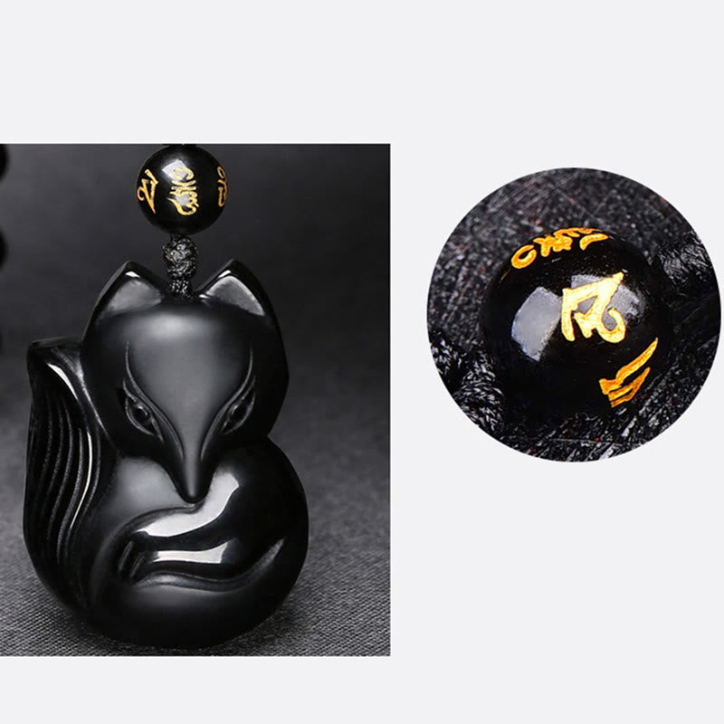Buddha Stones Natural Black Obsidian Tiger Eye Ice Obsidian Fox Pendant Amulet Necklace - image 6