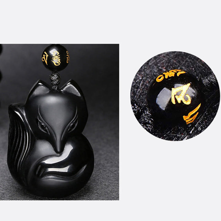 Buddha Stones Natural Black Obsidian Tiger Eye Ice Obsidian Fox Pendant Amulet Necklace - image 6