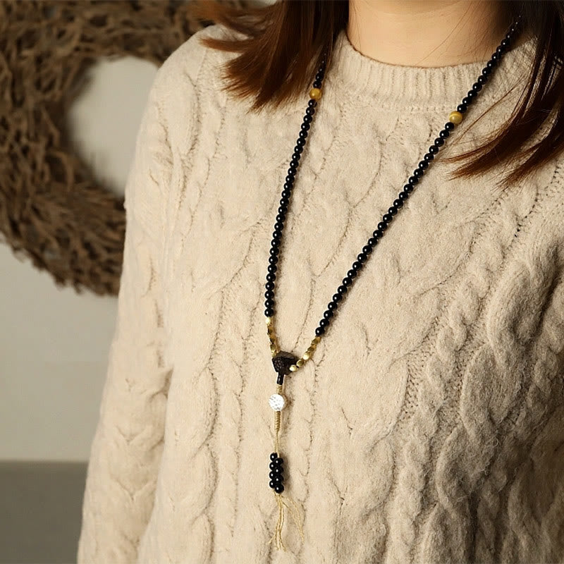 Buddha Stones Tibetan 108 Mala Beads Black Onyx Three-eyed Dzi Beads Protection Bracelet - image 14