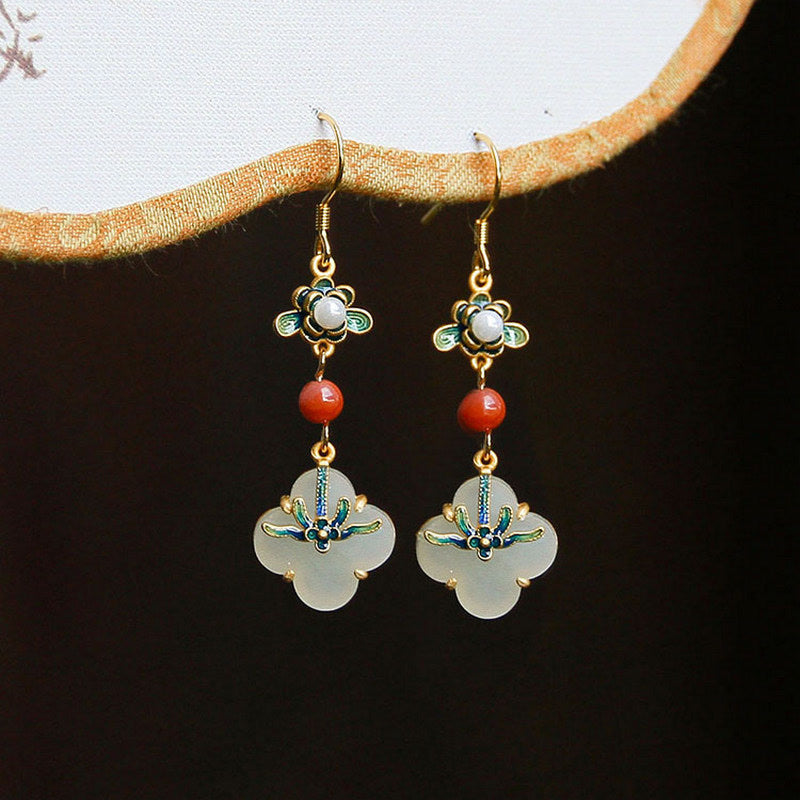 Buddha Stones Lucky Four Leaf Clover Jade Abundance Copper Earrings - image 5