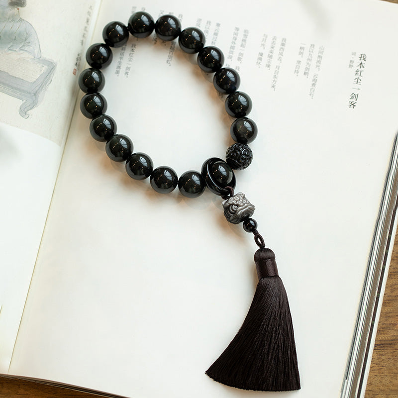 Buddha Stones Natural Silver Sheen Obsidian Black Obsidian Lion Wrist Mala Protection Tassels Pocket Mala Car Decoration - 16mm Black Obsidian - image 12