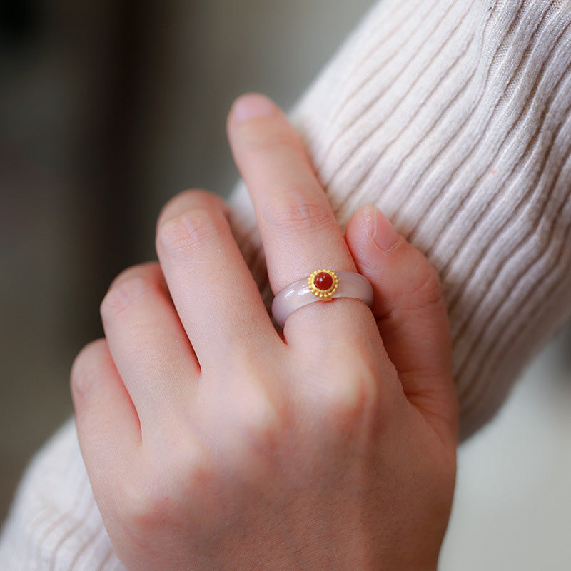 Buddha Stones White Agate Cyan Jade Turquoise Red Agate Luck Protection Ring - image 16