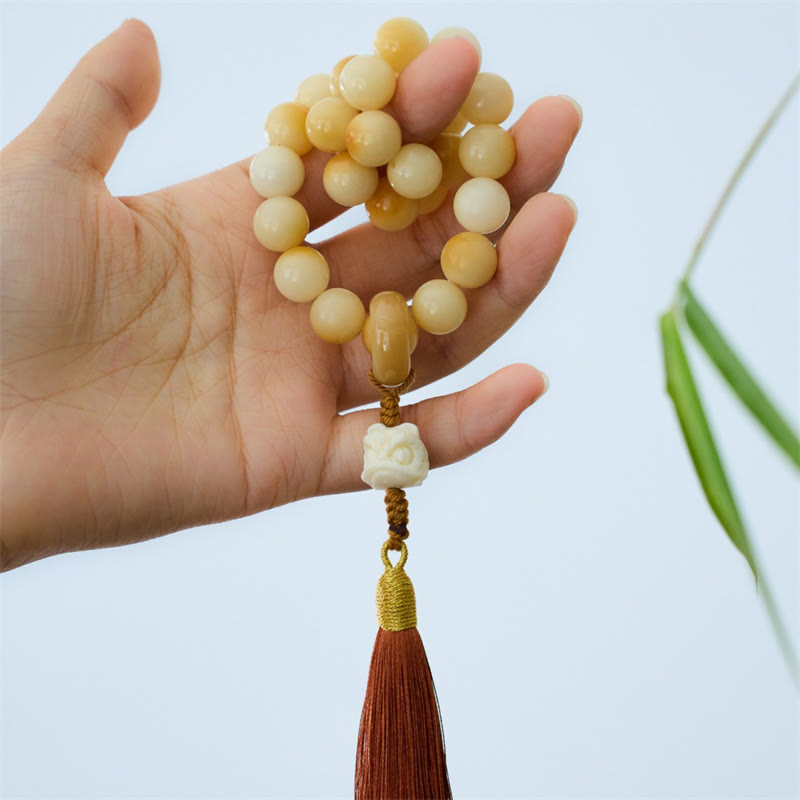 Buddha Stones Natural Bodhi Seed Ivory Fruit Dancing Lion Charm Harmony Tassel Wrist Mala - Bodhi Seed (Wisdom♥Keep away evil spirits) - image 0
