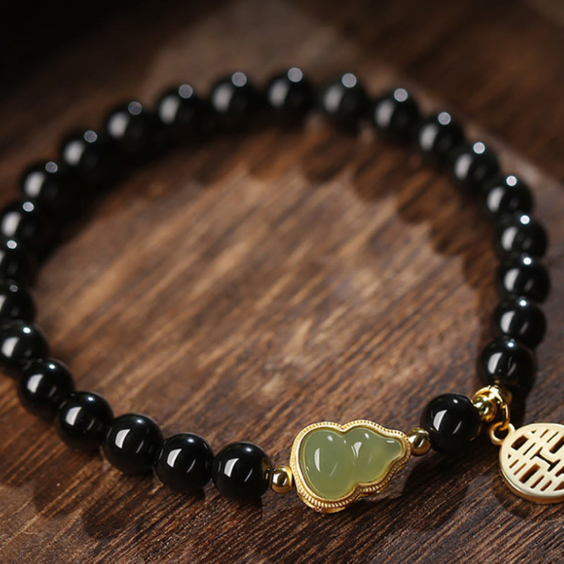 Buddha Stones Natural Black Obsidian Hetian Jade Gourd Double Happiness Strength Bracelet - image 10