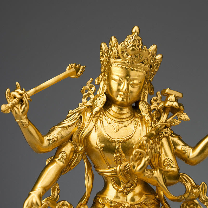 Buddha Stones Four-armed Manjusri Bodhisattva Gold Figurine Compassion Serenity Copper Statue Home Decoration - Four-armed Manjusri Bodhisattva - 20*10*7cm - image 11