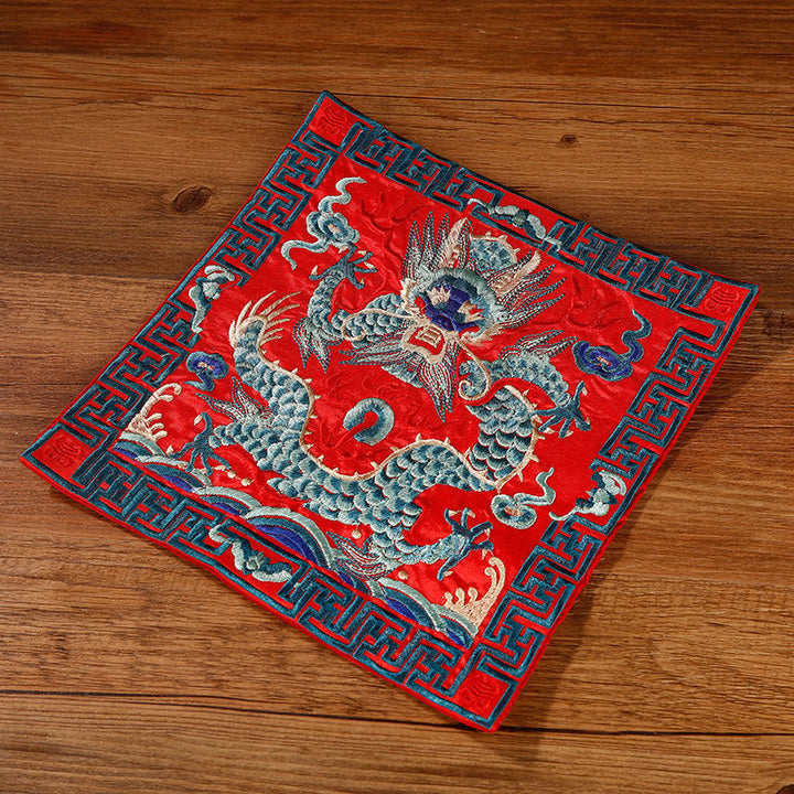 Buddha Stones Crane Phoenix Dragon Kirin Embroidered Cup Mat Pad Tea Cup Coaster Square Kung Fu Tea Mat - Red Green Dragon - image 23