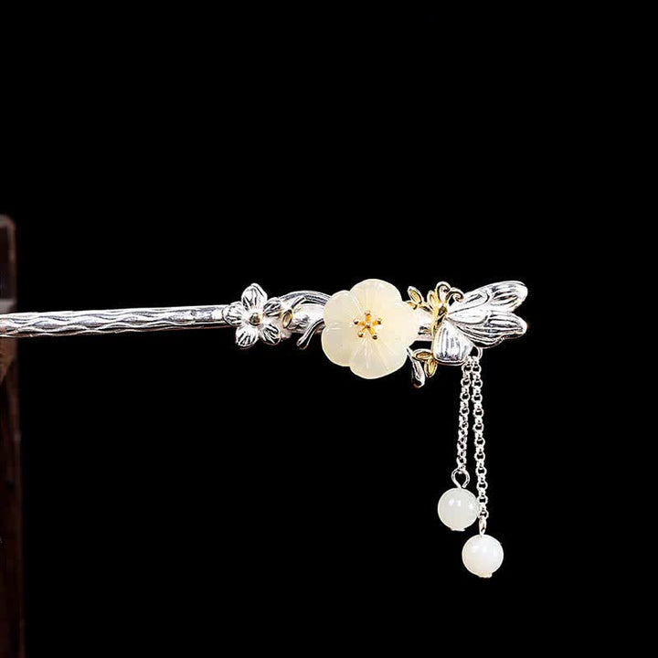 Buddha Stones 925 Sterling Silver Hetian White Jade Flower Blessing Hairpin - image 6