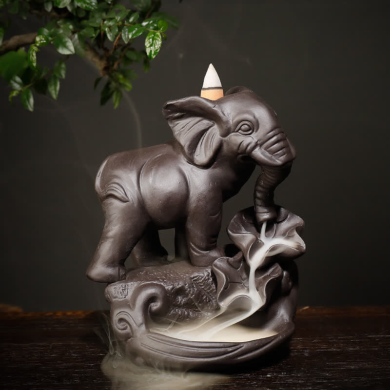 Tibetan Elephant Purple Clay Backflow Smoke Fountain Peace Healing Incense Burner Decoration - Brown - image 0