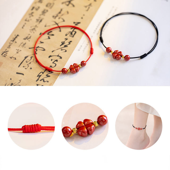 Buddha Stones Four Leaf Clover Cinnabar Blessing Calm String Bracelet Anklet - image 3
