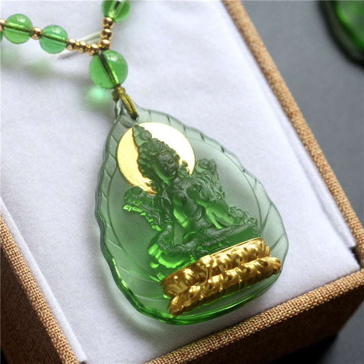 Buddha Stones Tibetan Green Tara Buddha Gold Plated Liuli Crystal Protection Necklace Pendant - image 4
