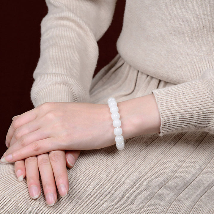 Buddha Stones Hetian White Jade Happiness Blessing Bracelet - image 2