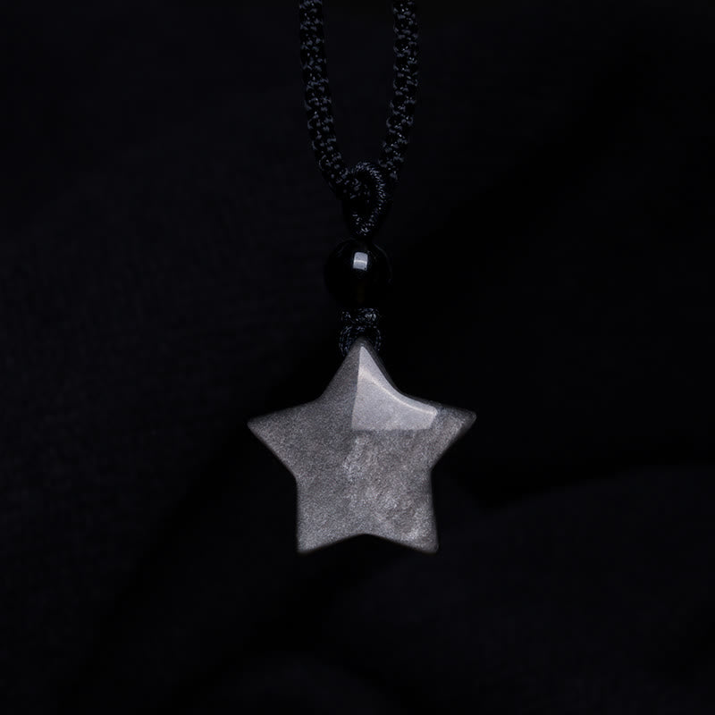 Buddha Stones Natural Silver Sheen Obsidian Star Crescent Moon Protection Necklace Pendant - image 3